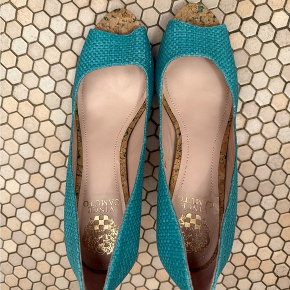Vince Camuto Teal Textured Peep-Toe Heels - Picture 2 of 4